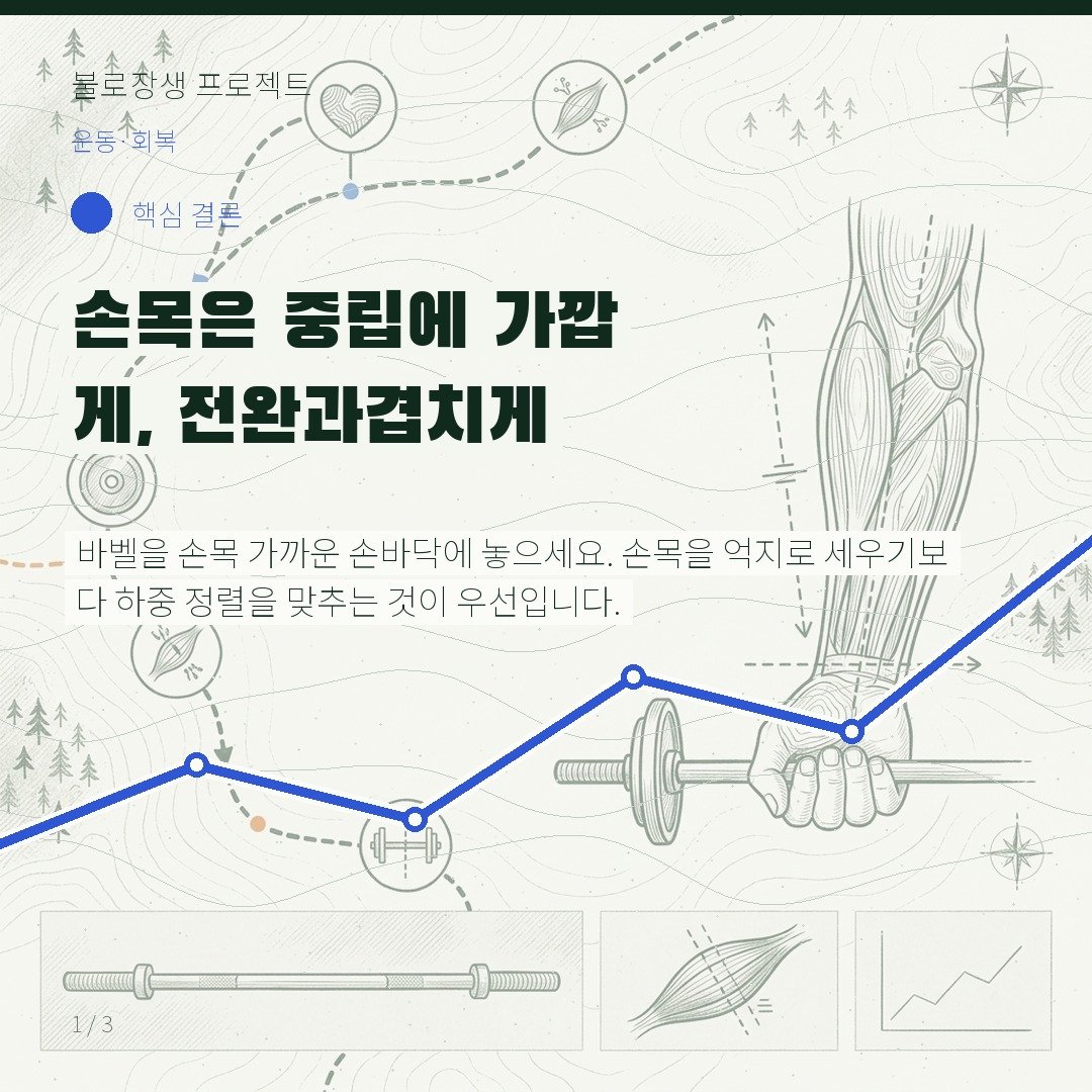 손목은 중립에 가깝게, 전완과 겹치게